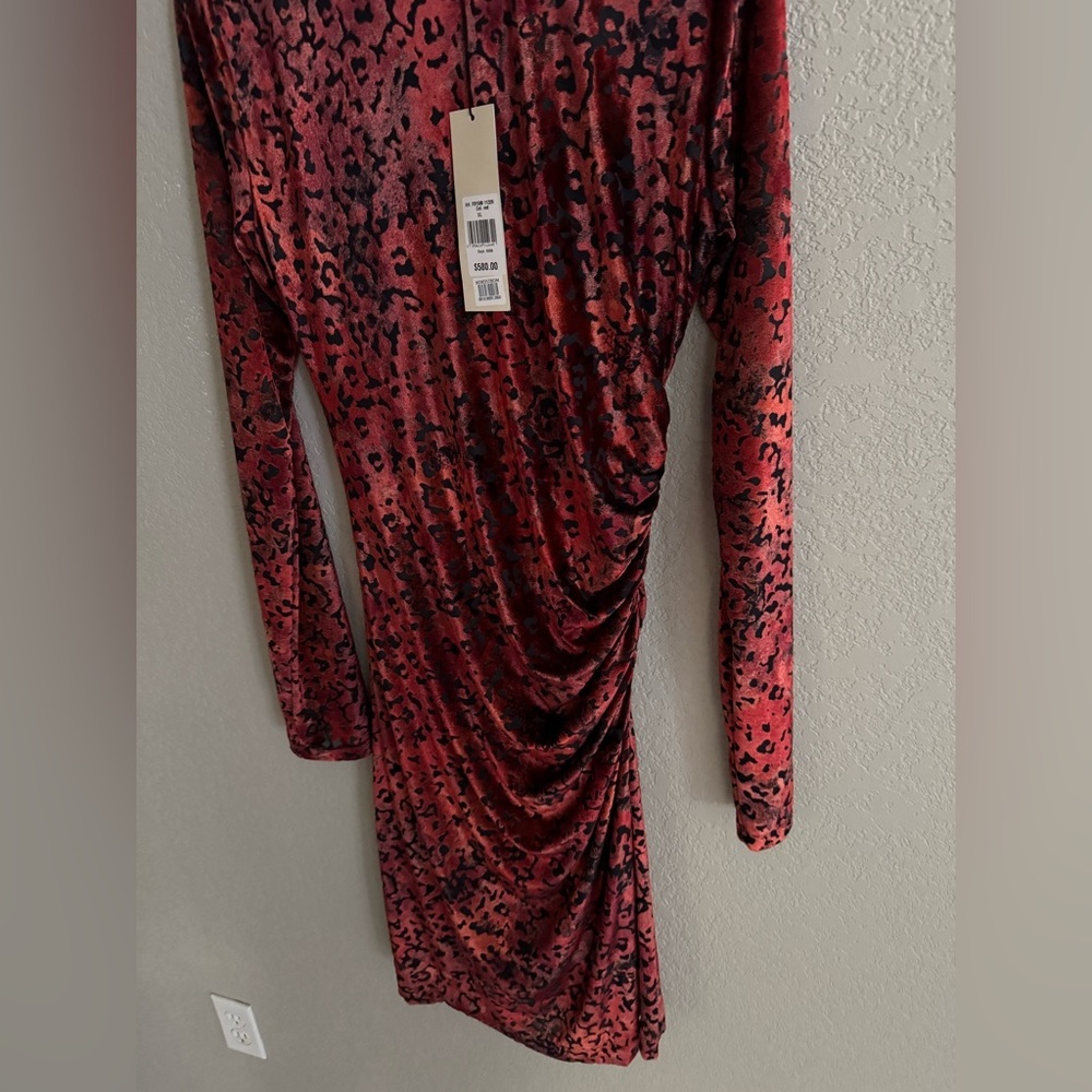 Fuzzi Italy Red Leopard Burnout Velvet Bodycon Dress XL Ruched Midi NWT - Picture 11 of 12